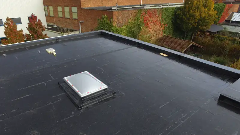 Zwart EPDM-dak met een lichtkoepel op een bedrijfsgebouw